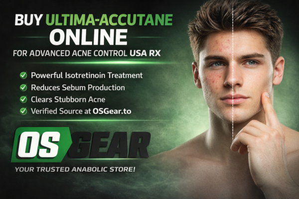 Buy Ultima-Accutane Online promotional image showing a male face with acne before-and-after comparison, highlighting isotretinoin treatment for advanced acne control via OSGear.to in the USA.