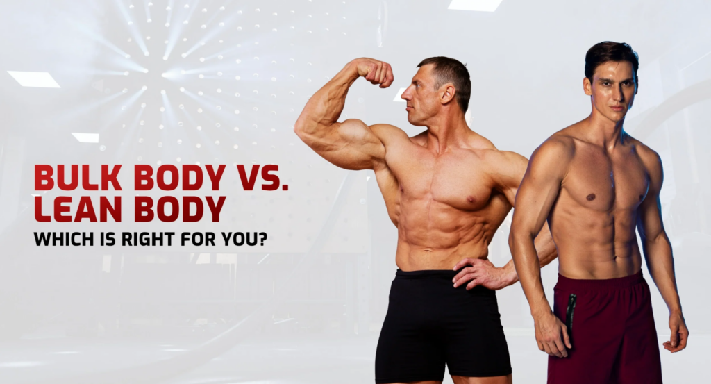 Muscular and lean male physiques compared in a gym setting, illustrating bulking versus lean body goals for athletes who buy Ultimate-Triple 350 Blend testosterone compound.